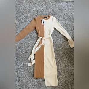 Colorblock Ribbed Knit Midi Dress in Camel & Cream